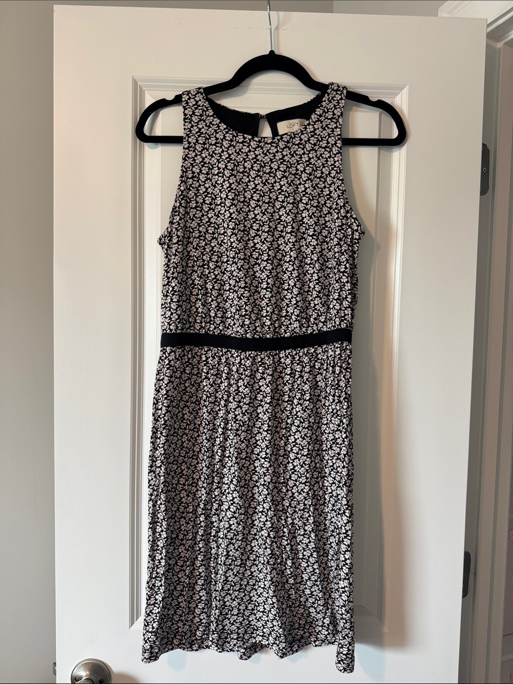 LOFT Black and White Floral Midi Dress with Waistband